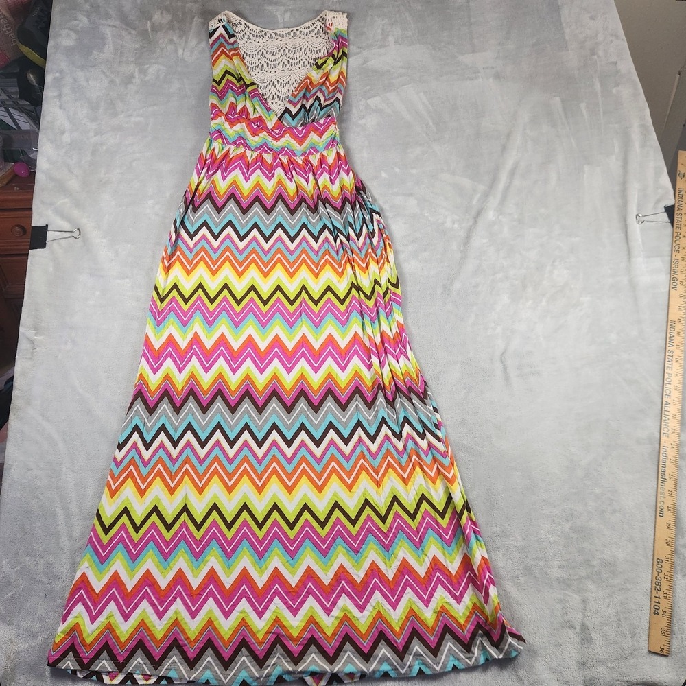 Macbeth Collection Multicolor Chervon Lace‎ Back Maxi Dress L Coastal Cowgirl